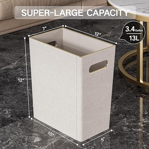 Beige White Trash Can Waste basket,3/4 Gallon Office Pu Leather Wastebasket with Gold-Tone Edging Decoration for Bathroom, Garbage Cans for Toilet Bedroom Living Room, Office home modern decor