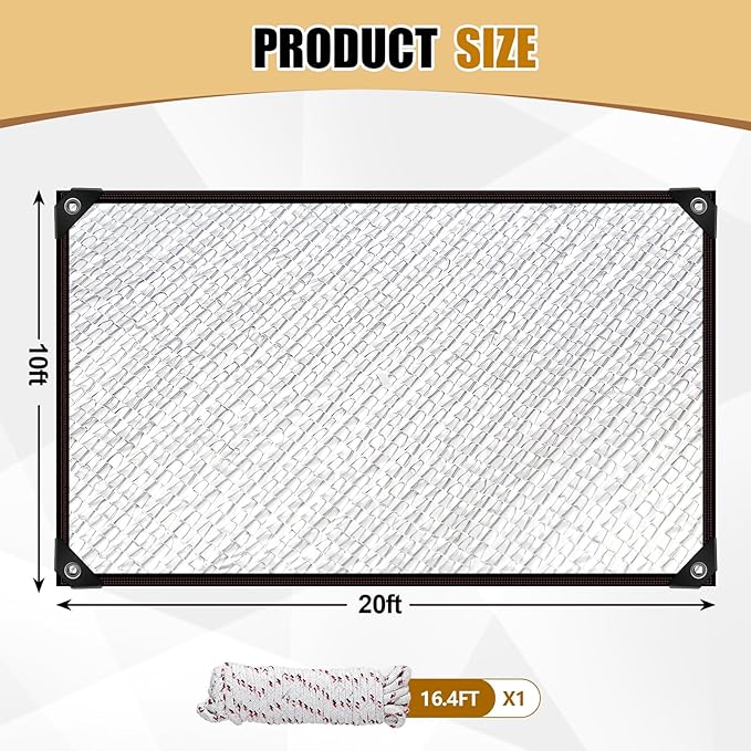Mindsoft 70% Aluminet Shade Cloth Reflective Tarp 10 x 20 ft Aluminum Cloth Porch Privacy Screen with Grommets Durable Mesh Canopy for Car Garden Patio Pergola Sun Shade Cover(1 Set)
