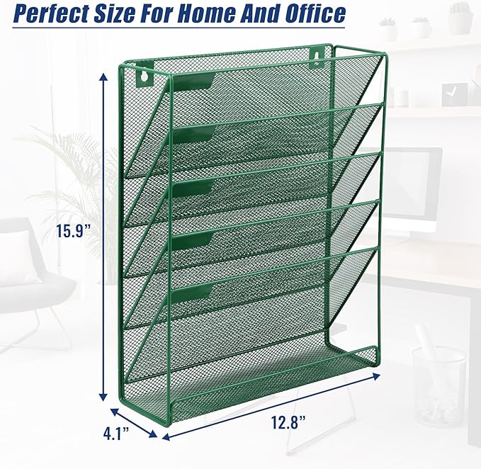 EASEPRES Desk File Organizer Mesh 6-Tier, Hanging Wall Mount Document Organization Stand, Desktop Vertical Mail Paper Folder Holder Rack with Bottom Tray for Office Home Cubicle Countertop, Dark Green