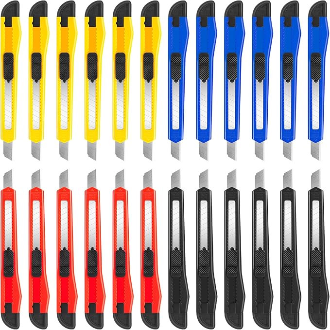 DIYSELF 24Pack Box Cutters (9MM Wide Blade Cutter) Utility Knife Box Cutter Retractable, Compact, Extended Use for Heavy Duty Office, Home, Arts Crafts, Hobby(Mix)