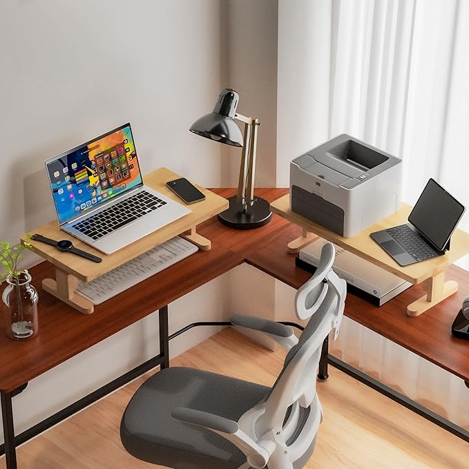 Qecamy Bamboo Monitor Stand Riser for Desk, Height Adjustable Computer Riser & Laptop Stand, Ergonomic Desktop Organizer Shelf W/ Underneath Storage, Sturdy 100 lbs Capacity for Printer/TV/Home Office