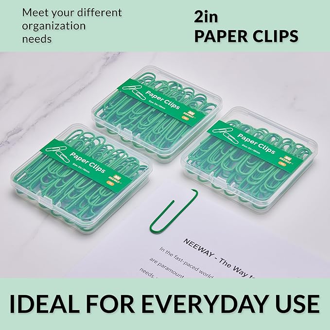 NEEWAY Colorful Large Paper Clips, 2 Inch Jumbo Paper Clips, 150 Count, 3 Pack of 50 (Green)