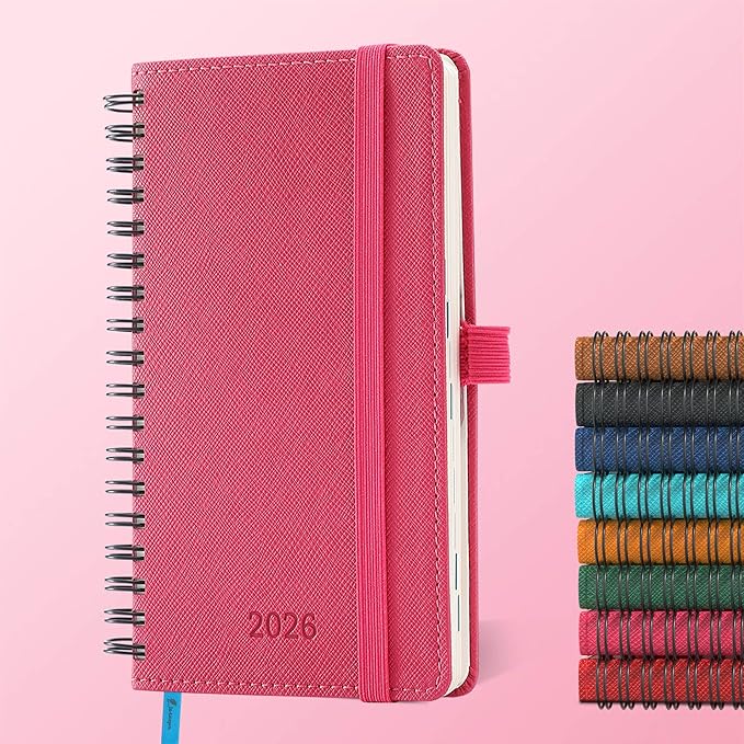IN-LUXPRO Planner 2026 Daily Weekly and Monthly,6.5"x3.75",12 Months Spiral Bound Calendar Agenda with Self-adhesive Pen Holder,2026 Appointment Book with Vegan Leather Soft Cover,Rose Red