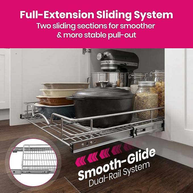 HOLDN’ STORAGE Pull Out Cabinet Organizer - Heavy Duty Steel with Smooth Slide-Out Drawers, Chrome Finish - 20" W x 17" D Basket, Fits 21.25" Cabinet Opening