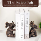 DURAGOODS Decorative Vintage Elephant Bookends with Non-Slip Padding for Shelves to Hold Books - Heavy Duty Resin Book Holders for Bookshelf Decor, Home, Office, Living Room – 4” L x 4” W x 7”H