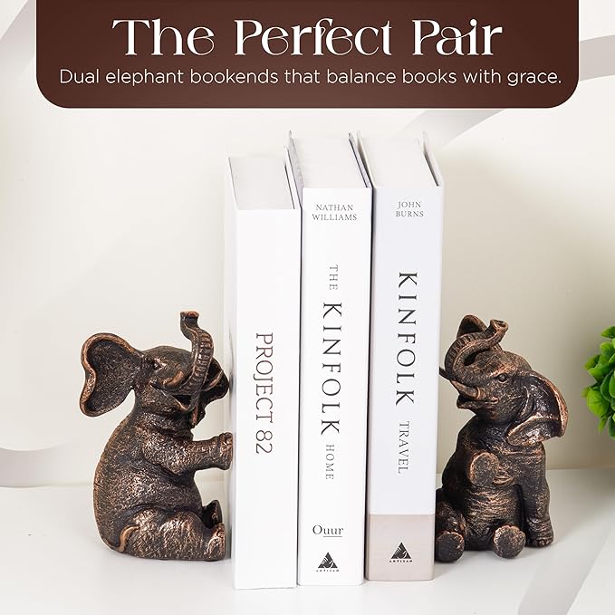 DURAGOODS Decorative Vintage Elephant Bookends with Non-Slip Padding for Shelves to Hold Books - Heavy Duty Resin Book Holders for Bookshelf Decor, Home, Office, Living Room – 4” L x 4” W x 7”H