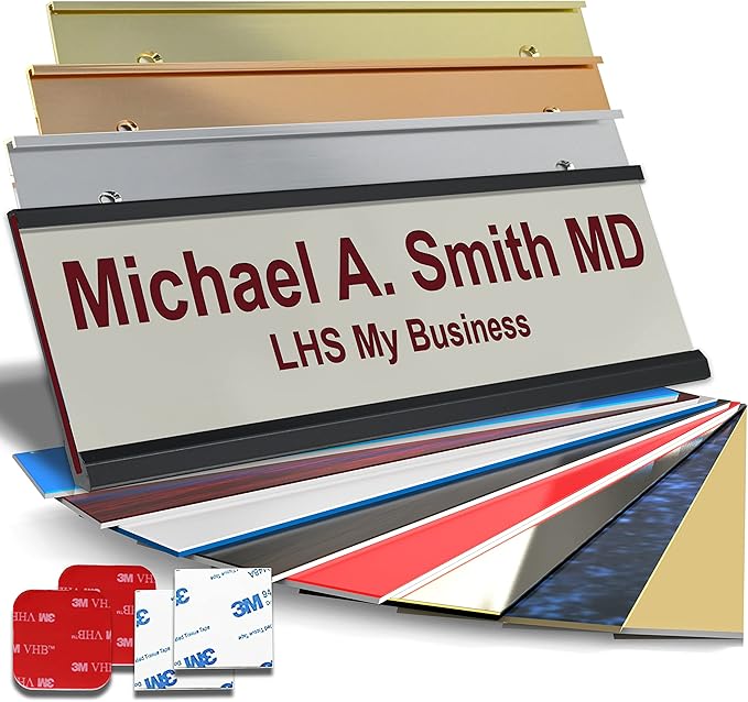 Personalized Name Plate with Choice of Mounting Holders for Walls, Doors, Cubicles, Hanging and More - Custom Light Gray Plastic Burgundy Letters - USA Made 2x10 - B21
