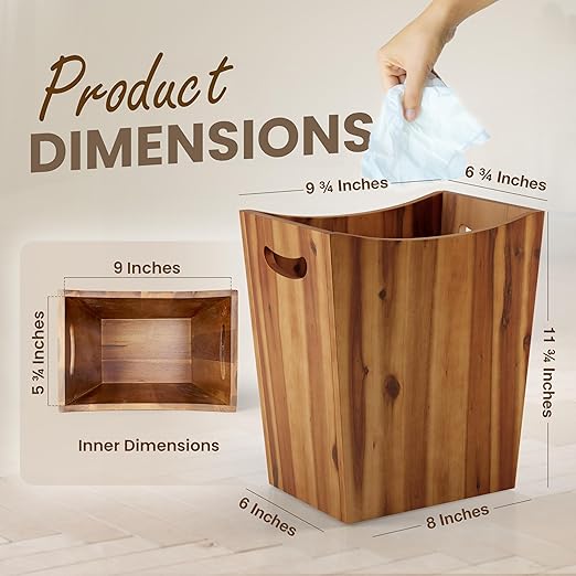 Tidita 2 Gallon Acacia Wooden Bin, Wastebasket – Small Trash Can, Decorative Bathroom Trash Can, Waste Basket for Bedroom, Office Garbage Can, Wood Bathroom Accessories, Boho Bedroom Decor