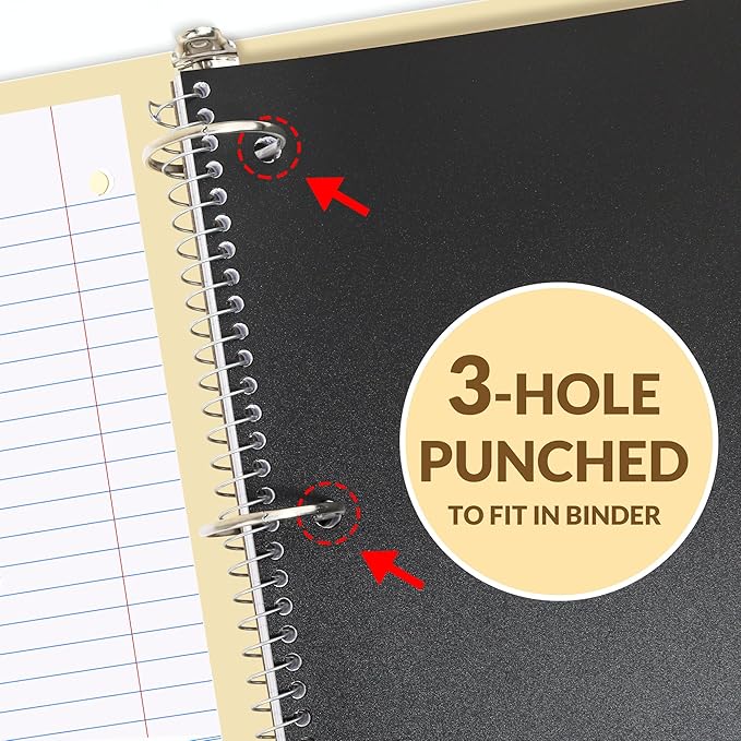 SUNEE Spiral Notebook, 1-Subject, Wide Ruled Paper, 8" x 10-1/2", 100 Sheets per Notebook, 3-Hole Punched Paper, Water Resistant Cover, Double-sided Pockets, Spiral Lined Notebooks for School, Black