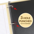 SUNEE Spiral Notebook, 1-Subject, Wide Ruled Paper, 8" x 10-1/2", 100 Sheets per Notebook, 3-Hole Punched Paper, Water Resistant Cover, Double-sided Pockets, Spiral Lined Notebooks for School, Black