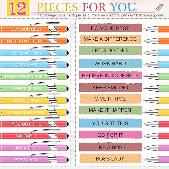 Zonon 12 Pcs Inspirational Pens Bulk Funny Ballpoint Pen with Stylus Tip Motivational Gifts for Valentine's Day Teacher Coworkers Nurse School Office Supplies(Macaron,Boss Lady)