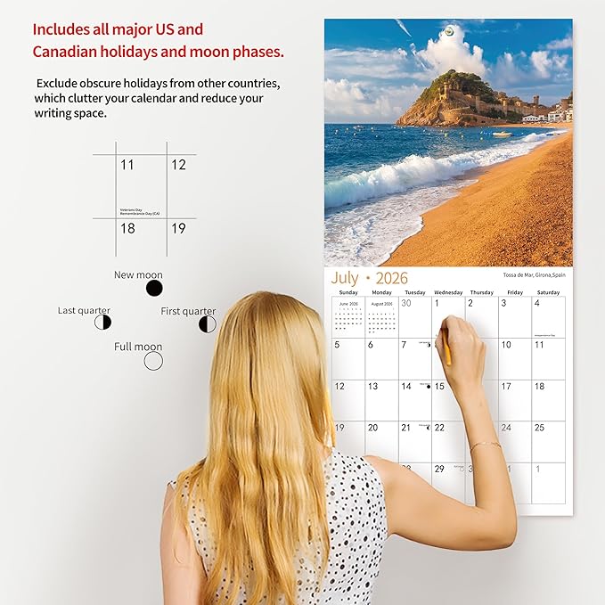 2026 Wall Calendar,Calendar 2026, January 2026 - December 2026, Wall Calendar BEACHES, 12" x 24" Opened,Full Page Months Thick & Sturdy Paper for Calendar Organizing & Planning