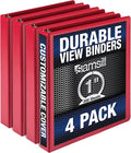 Samsill Durable 1 Inch Binder, Made in the USA, Round Ring Customizable Clear View Binder, Red, 4 Pack (MP48433)