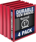 Samsill Durable 1 Inch Binder, Made in the USA, Round Ring Customizable Clear View Binder, Red, 4 Pack (MP48433)