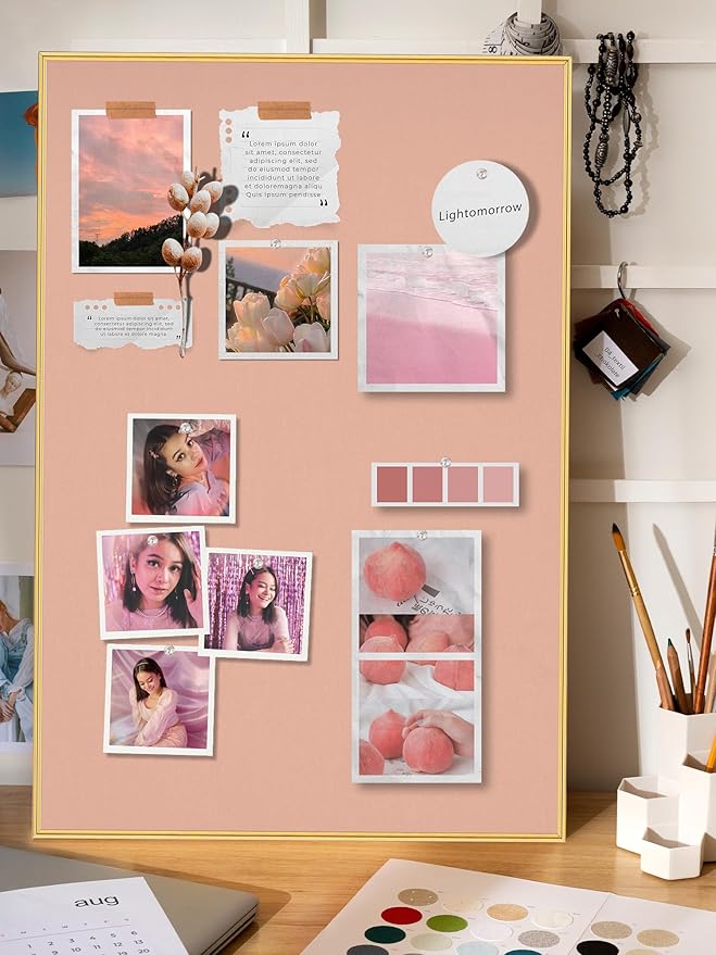 Bulletin Board 23.6 x 17.7 inches, Blush Coral Pin Board, Golden Aluminum Framed Fabric Cork Board with 10 Push Pins