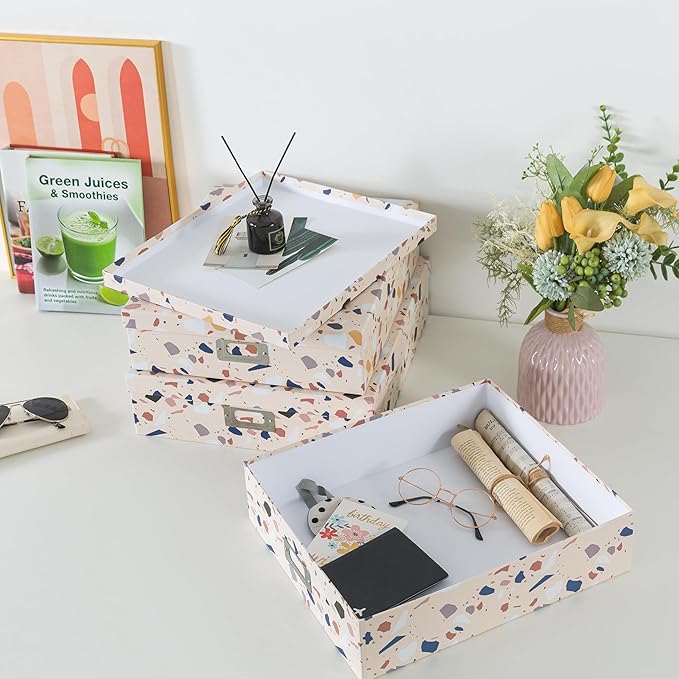 Soul & Lane Decorative Cardboard Storage Boxes With Lids for Home Décor, Set of 3 Nesting Photo Storage Box Set for Organizing, Scrapbooks, Keepsakes, Terrazzo Print Memory Containers