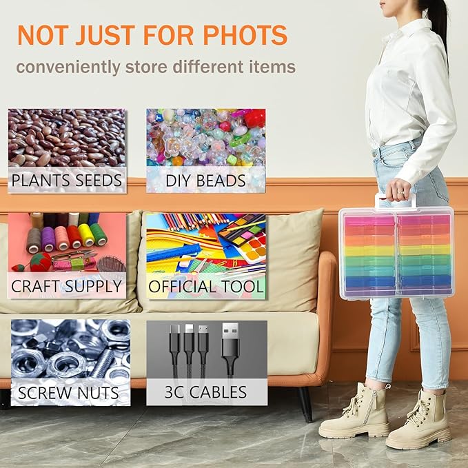 ALINK Photo Storage Box with Handle, 4" x 6" Photo Organizer Storage Container with 16 Inner Case and 1 Sheet Blank Labels for Pictures, Arts, Crafts, Sewing, Seeds, Office Supplies - Colored