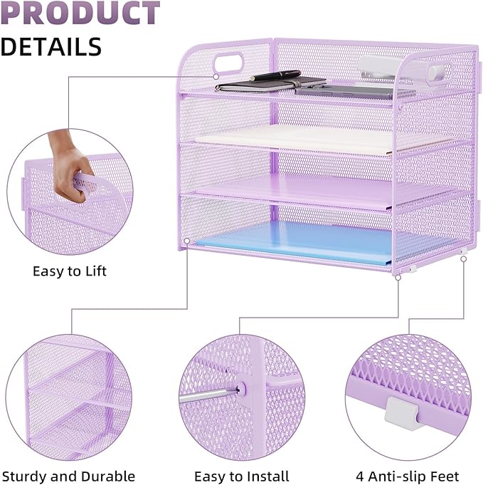 Marbrasse 2 Pack 4 Tier Paper Organizer Letter Tray - Mesh Desk File Organizer with Handle, Paper Sorter Organizer for Letter/A4 Office File Folder Holder (Purple, 12.6" x 9.1" x 10.7")