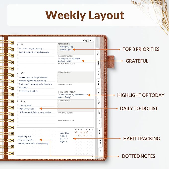 SUNEE 2026 Planner 5.9" x 8.3" – Dated Productivity Planner for Time Management - Daily,Weekly & Monthly Planner to Achieve Goals - Planner 2026 dated from January 2026 – December 2026,Brown