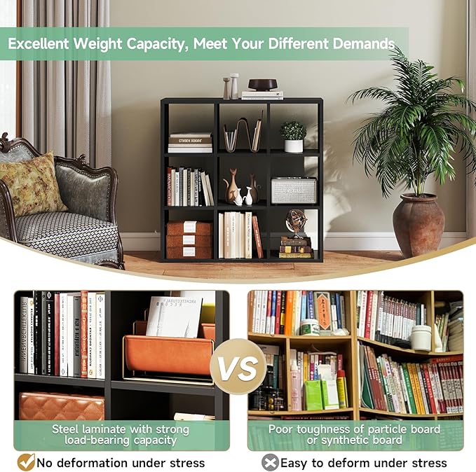 IRONMIX Metal 9 Cube Storage Organizer, Short Black Bookshelf with Storage, 3 Tier Display Shelf, Modern Cube Storage Shelf, Sideboard Cabinet for Small Places, Living Room, Home Office, Study