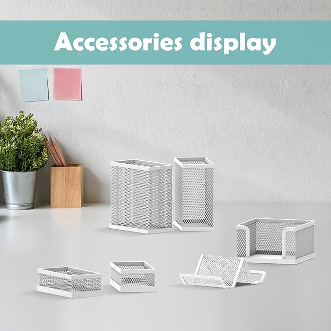 SUPEASY Pen Holder for Desk, 6 Piece Mesh Desk Organizer set for Office Organization with Mail Organizer, Letter Phone Holder, Sticky Notes Caddy Storage, White