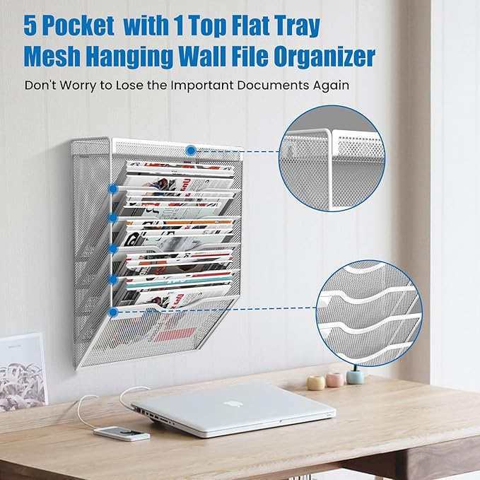 KZWKRG 6 Tier Wall File Organizer Hanging Vertical File Organizer, Wall Mounted Mail Paper Document Folder Holder, Mesh Magazine Rack Mail Document Organizer for Office School Home