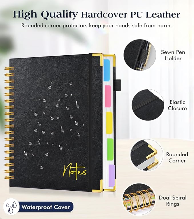 Spiral Notebook Journal with Removable Dividers Tabs, 300 Pages Hardcover Leather 5 Subject College Ruled Notebook, 6.1"x8.2" Large A5 Lined Journal for Women Men Spiral Notebook for Work School,Black