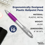 DISCOUNT PROMOS Personalized Ballpoint Pens With Rubber Grip, 10 pack Customizable Ergonomic Click-to-Write Custom Writing Pens for School with Black Ink, Purple