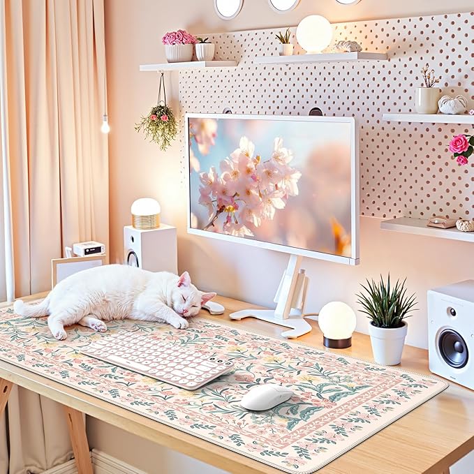 iCasso Pink Floral Desk Mat, Desk Pad, XXL Large Mouse Pad, Anti-Slip Big Mousepad with Stitched Edges, Computer Mouse Pads for Desktop for Women(Pink)