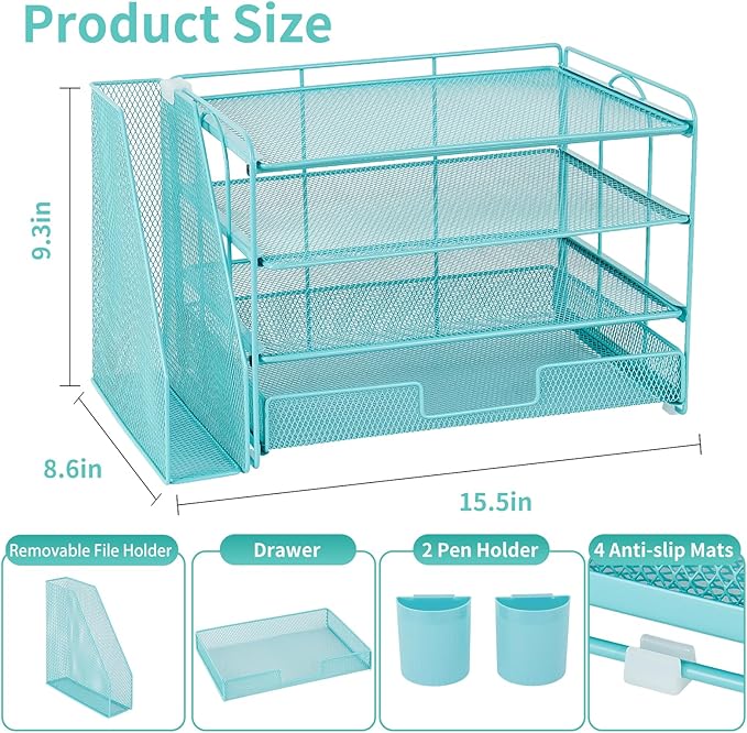 OPNICE Desk Organizer, 4-Tier Desktop File Organizer with Drawer and 2 Pen Holders, Office Desk Accessories, File Sorters, Workspace Organizers for Office Supplies(Teal Blue)
