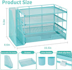 OPNICE Desk Organizer, 4-Tier Desktop File Organizer with Drawer and 2 Pen Holders, Office Desk Accessories, File Sorters, Workspace Organizers for Office Supplies(Teal Blue)