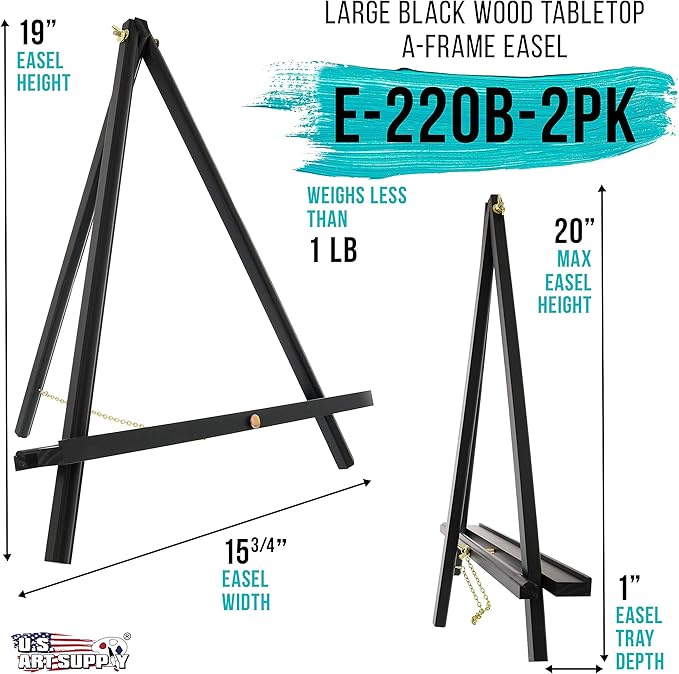 U.S. Art Supply 20" Black Wood Tabletop Easel (2 Pack) - Adjustable A-Frame Canvas Stand for Painting Party & Signs - Table Top Easel for Painting, Canvas Holder, Crafts, Photos, Pictures