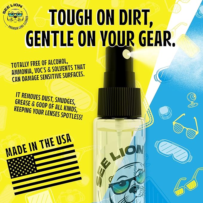 cellhelmet See Lion Premium Lens Care Bundle | Anti Fog Spray + Streak-Free Lens Cleaner with 2 Black Microfiber Cloths | Safe for Glasses, Goggles, Screens & Optics | Travel-Size 30ml / 1oz Bottles