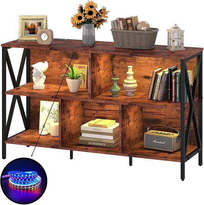 Horizontal Bookshelf,Industrial Modern 5 Cube Low Wide Cubby Bookcase with led Light,Long Wood and Metal Storage Organizer Open Shelf, Book Shelf Bedroom Storage for Home Office Living Room(Brown)