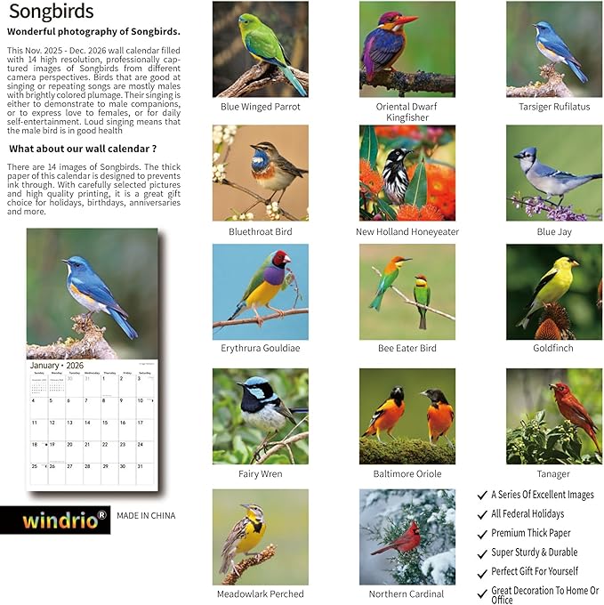 2026 Wall Calendar,Calendar 2026, November 2025 - December 2026, Wall Calendar Song Birds, 12" x 24" Opened,Full Page Months Thick & Sturdy Paper for Calendar Organizing & Planning