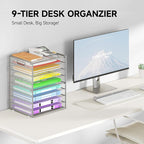 Cawukege 9 Tier Paper Organizer with Handle, Large Capacity Desk Organizer Mesh File Folder Letter Paper Tray Desktop Document Sorter for Classroom, School, and Office Accessories Organization- Silver