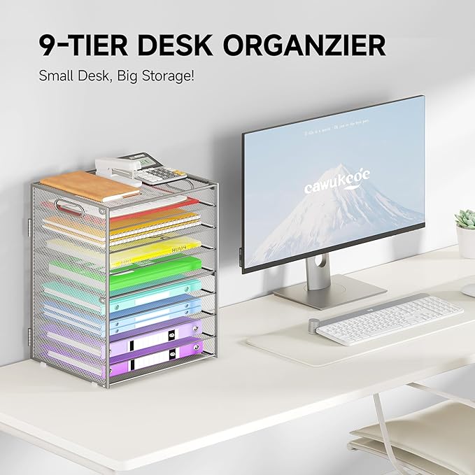 Cawukege 9 Tier Paper Organizer with Handle, Large Capacity Desk Organizer Mesh File Folder Letter Paper Tray Desktop Document Sorter for Classroom, School, and Office Accessories Organization- Silver