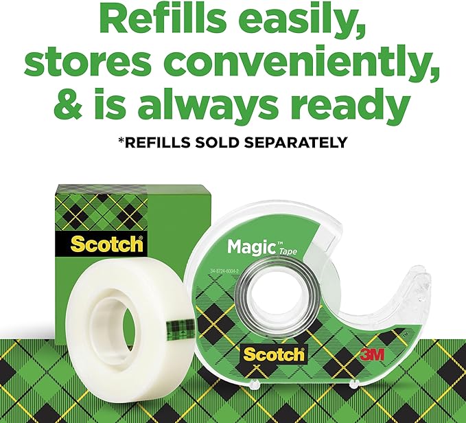 Scotch Magic Tape, 12 Rolls (2 x 6-Packs) Each with Dispenser, Invisible Matte Finish, Permanent Adhesive, 3/4 in x 350 in per Roll, Ideal for Home, School and Office