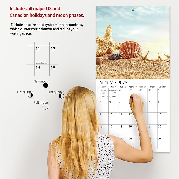 2026 Wall Calendar,Calendar 2026, November 2025 - December 2026, Wall Calendar Seashells, 12" x 24" Opened,Full Page Months Thick & Sturdy Paper for Calendar Organizing & Planning
