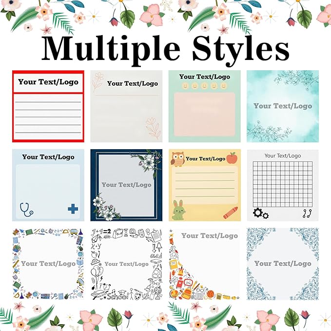Personalized Sticky Notes 3"x3" – Custom Notepads with Logo or Text, 50 Sheets per Pad – Multiple Template Options, Bulk Pack for Business, Office, Teachers, Events