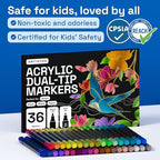 ARTISTRO 36 Metallic Acrylic Paint Markers - Paint Pens Dual Tip Brush + Fine Ideal for Calligraphy - Perfect for Fabric, Rock, Glass, Wood, DIY - Art Supplies, Stocking Stuffers, Christmas Gift Idea