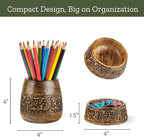 Mie Creations Wooden Desk Organizer Set of 2 Pen Holder, Paper Clip Storage, Office Desktop Table Decor, Floral Rustic Wood Pencil Cup & Paperclips Dispenser, Aesthetic Desk Accessories For Women, Men