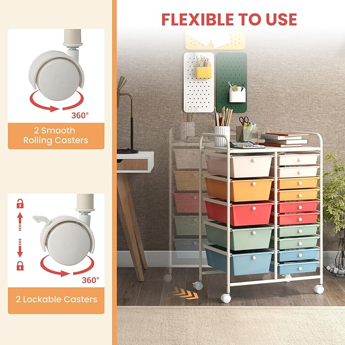 GOFLAME 15-Drawer Rolling Storage Cart, Craft Storage Cart with Removable Drawers & Lockable Wheels, Art Cart Supply Storage Organizer for Home Office Classroom, Macaron Color