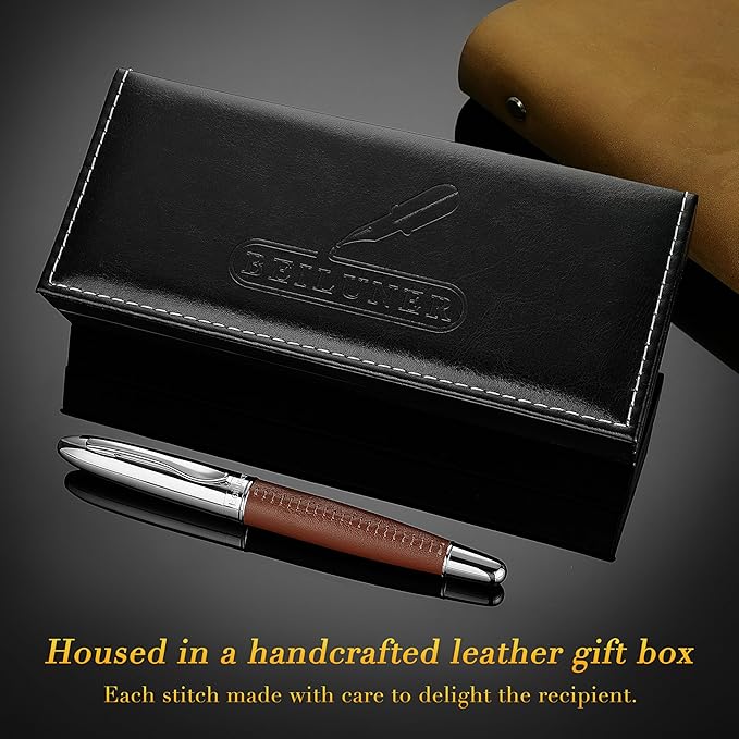 BEILUNER 318 Luxury Personalized Leather Pen, Hand-Stitched Premium Leather, Chrome-Plated Finish, Schmidt Refill, Fancy Rollerball Pen Gift Set for Men & Women, Executive Writing, Nice Designer pen