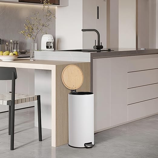 8 Gallon (30L) Step Trash Can with Soft-Close Bamboo Lid – Fingerprint-Resistant Stainless Steel, Removable Inner Bucket, Slim Round Indoor Garbage Bin for Kitchen, Bathroom – White