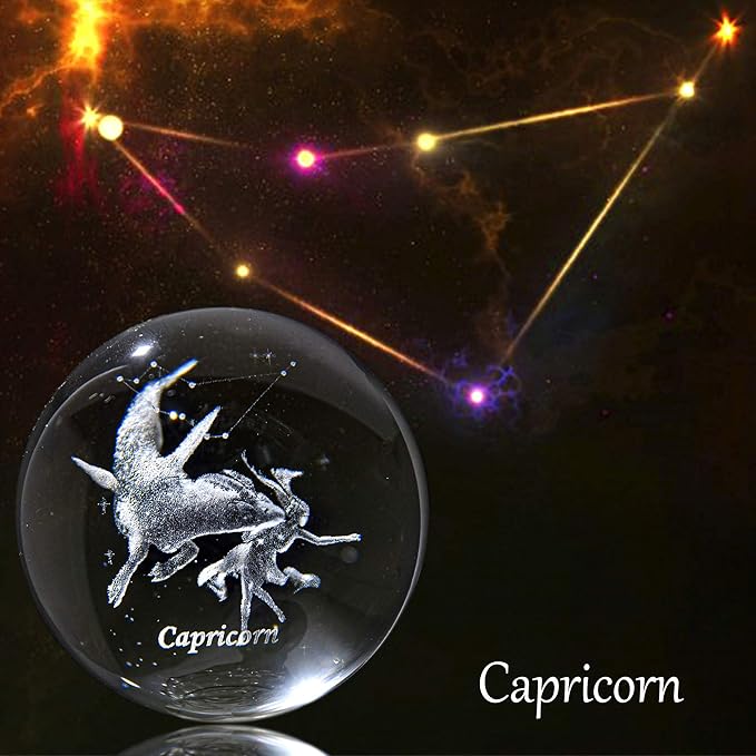 3D Laser Constellation Ball Crystal Paperweight Full Sphere Glass Fengshui with Sliver-Plated Flowering Stand(Capricorn)