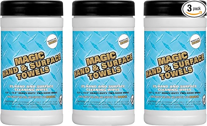 Magic Heavy Duty Cleaning Wipes - Dual Sided Hand & Surface Shop Towels | Professional-grade Cleaning | Waterless | Moisturizing | Cleans Grease, Oil, Dirt, & more (3 Pack | 75 Sheets Total)