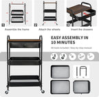 CAMOAT 3-Tier Rolling Storage Cart with Wooden Top and Drawer, Metal Mesh Mobile Utility Cart with Handle and Lockable Wheels, Multipurpose Organizer Trolley for Kitchen, Living Room, Bathroom,Office