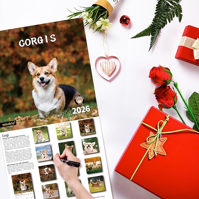 2026 Wall Calendar, November 2025 - December 2026, Wall Calendar Corgis, 12" x 24" Opened,Full Page Months Thick & Sturdy Paper for Calendar Organizing & Planning
