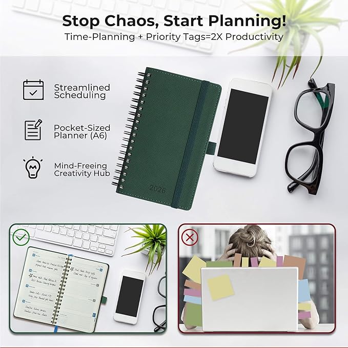 IN-LUXPRO Planner 2026 Daily Weekly and Monthly,6.5"x3.75",12 Months Spiral Bound Calendar Agenda with Self-adhesive Pen Holder,2026 Appointment Book with Vegan Leather Soft Cover,Green